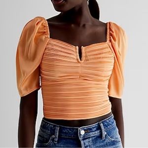 NWOT Express orange Satin V-Bar Puff Sleeve Ruched Pleated Top